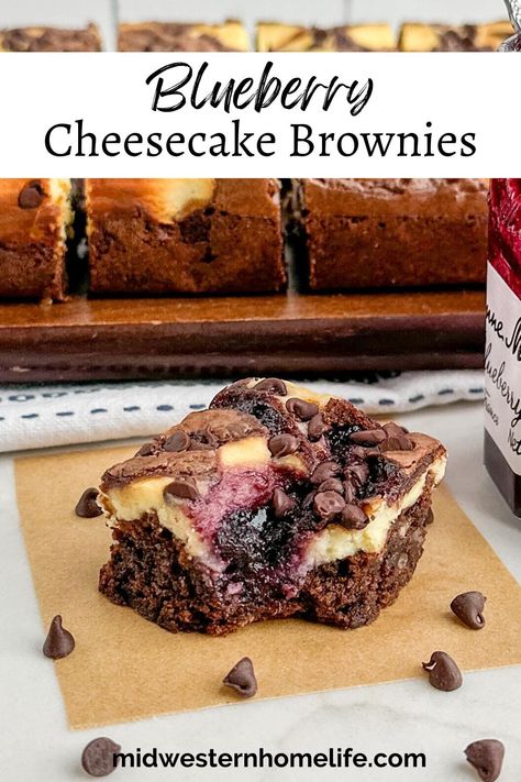 Blueberry Cheesecake Brownies are the most delicious gooey, fudgy brownies topped with a creamy cheesecake layer and a blueberry jam swirl. These delicious blueberry brownies are easy to make, look impressive, and taste like a million bucks! Blueberry Cheesecake Brownies, Blueberry Brownies, Greek Yogurt Brownies, Blueberry Cheesecake Bars, Cheesecake Layer, Vegan Ice Cream Recipe, Cheesecake Toppings, Brownie Toppings, How To Make Cheesecake