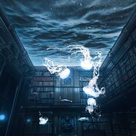 Library Aquarium, Surreal Scenes, Water Aesthetic, Fantasy Castle, Fantasy Art Landscapes, Mermaid Art, Ethereal Art, Dreamy Art, Photoshop Lightroom