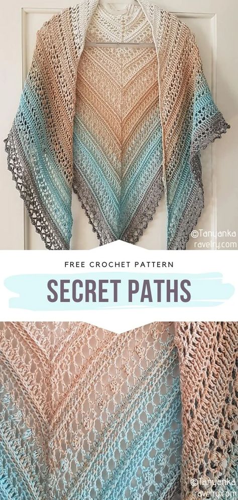 Gradient Colorway Shawls Free Crochet Patterns Triangular Crochet Shawl Pattern, Secret Paths Shawl, Crochet Triangular Scarf, Crochet Triangular Shawl, Crochet Triangular Shawl Pattern Free, Dk Weight Crochet Patterns Free, Silk Yarn Crochet Patterns, Lion Brand Homespun Patterns Crochet, Lacy Crochet Shawl Pattern Free