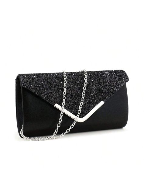 Black Glamorous,Minimalist Collar  Glitter Plain Envelope Bag Embellished   Women Bags Bags For Prom, Prom Bags, Black Clutch Purse, Ball Outfit, Silver Clutch Bag, Glitter Clutch Bag, Prom Bag, Prom Purse, V Design