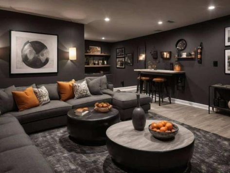 Family Room Dark Walls, Black Finished Basement, Grey Floor Basement, Dark Theme Home Decor, Black Wall Basement, Dark Blue Basement, Dark Grey Basement, Dark Gray Basement, Black And White Basement Ideas