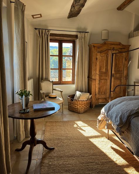 Let the sun shine in ☀️ It may be a little chilly outside but the bright morning light warms the guest room in my village house in Provence… | Instagram Village Bedroom Design, Provence France House Interiors, Village Room Design, Provence House Interior, Village House Aesthetic, European Home Aesthetic, French Country House Provence, South Of France House, French Bedrooms