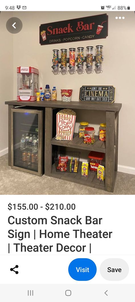 Movie Room Popcorn Bar, Popcorn Station Ideas Home, Spare Room Hangout, Bonus Room Snack Bar Ideas, Popcorn Bar Basement, Game Loft Ideas, Basement Popcorn Station, Home Popcorn Station, Popcorn Station Home