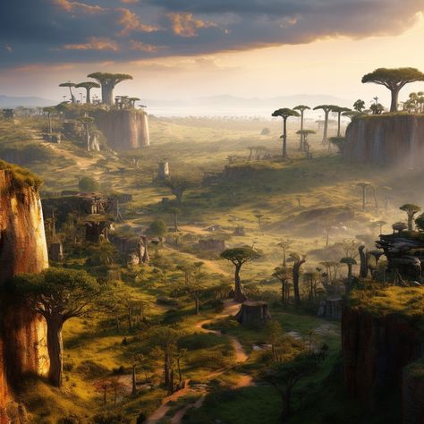 Fantasy Savannah Landscape, Africa Concept Art, Fantasy Savannah, Galaxy Photos, Dream Fantasy, Fantasy Life, Landscape Concept, Landscape Architecture Design, Fantasy City