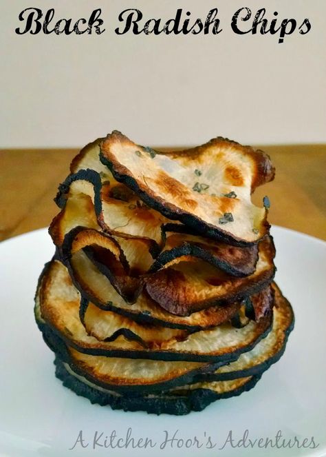 Black Radish Chips - Spicy Black Radishes are baked up into a crispy, delicious chip. #blackradish #radishchips Black Radish, Radish Chips, Vegetable Chips, Radish Recipes, Csa Recipes, Different Vegetables, Radishes, Caramelized Onions, Appetizer Snacks