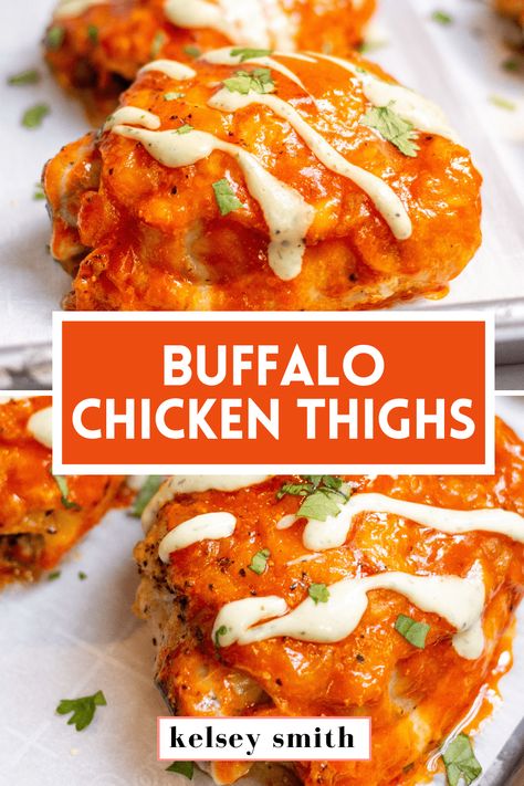 Two chicken thighs covered in buffalo sauce and drizzles with ranch dressing. Buffalo Chicken Thigh Recipes, Buffalo Chicken Keto Recipes, Keto Chicken Thighs Bone In, Hot Sauce Chicken Recipes, Buffalo Chicken Thighs Boneless, Bone In Skin On Chicken Thighs, Baked Chicken Thighs Bone In Skin On, Fall Chicken Thigh Recipes, Bone In Skin On Chicken Thigh Recipes