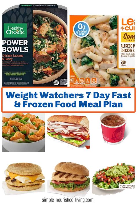 A convenient practical meal plan built around WeightWatchers friendly frozen meals and fast food options to keep staying on track easy. From a Starbucks breakfast to a Chipotle lunch, and a Lean Cuisine dinner, we've assembled meals that are both satisfying and points-friendly. Frozen Meal Diet Plan, Frozen Food Diet Meal Plan, Lazy Ww Meals, Lean Cuisine Diet Plan, Weight Watchers Frozen Meals, Weight Watchers Simple Start, Ww Meal Plan, Food Meal Plan, Weight Watchers Food Points