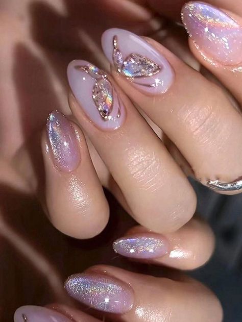 Gel Nails Almond Glitter, Butterfly Nails Glitter, Nail Inspo Butterflies, Colorful Manicure Ideas, Blue And Gold Butterfly Nails, Magnetic Almond Nails, Iridescent Floral Nails, Ethereal Nails Acrylic Almond, Butterfly 3d Nails