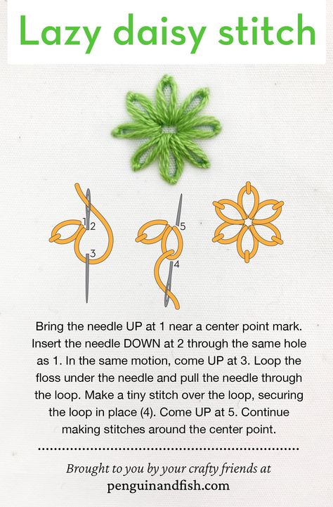 Simple Daisy Embroidery Tutorial, Daisy Embroidery Pattern Simple, Free Daisy Embroidery Pattern, How To Do Lazy Daisy Stitch, How To Embroidery Flowers Step By Step, Cross Stitch Step By Step, Filled Lazy Daisy Stitch, Daisy Embroidery Pattern Template, Simple Daisy Embroidery