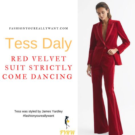 Red Satin Blouse, Red Velvet Suit, Tess Daly, 4 October, Trouser Suit, Velvet Suit, Gold Blouse, Velvet Trousers, Strictly Come Dancing