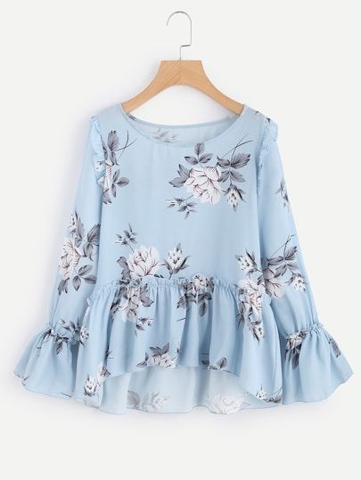 Product name: Flower Print Trumpet Sleeve Frilled Smock Top at SHEIN, Category: Blouses Áo Blu, Fashion Tops Blouse, Trumpet Sleeve, Trendy Fashion Tops, Smock Top, Stylish Dress Designs, Girls Fashion Clothes, Blouse Styles, Fashion Tops