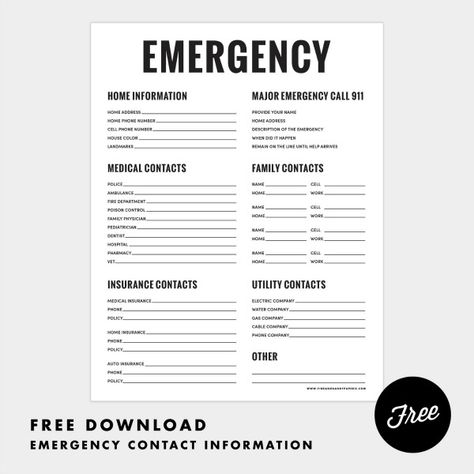 20+ FREE printables to help organize your life!  Everything from budget worksheets to cleaning schedules and recipes binders.  You'll find everything you need to get and stay organized! Emergency Printable, Contact Card Template, Emergency Contact Form, Emergency Preparedness Plan, Family Emergency Binder, Emergency Contact List, Medical Binder, Family Worksheet, Emergency Binder