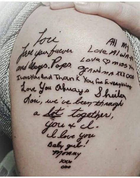 Family Signature Tattoo, Handwriting Tattoo Placement Ideas, Family Memorial Tattoos, Serious Tattoos, Signature Tattoo, Collage Tattoo, Memorial Tattoo Quotes, Knitting Tattoo, Handwriting Tattoos