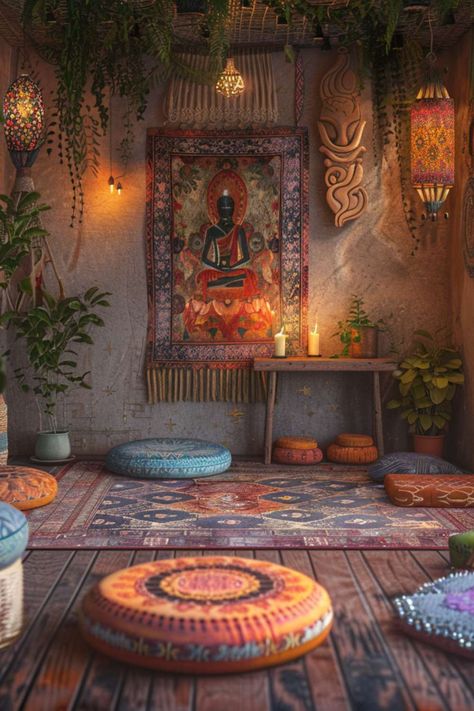 Vibrant Yoga Room Ideas with Bohemian Decor Basement Zen Space, Buddhist Room Decor, Office Meditation Room Combo, Yogi Home, Colorful Boho Home Decor, Basement Yoga Studio, Small Yoga Studio Design, Yoga Studio Aesthetic, Meditation Space Ideas