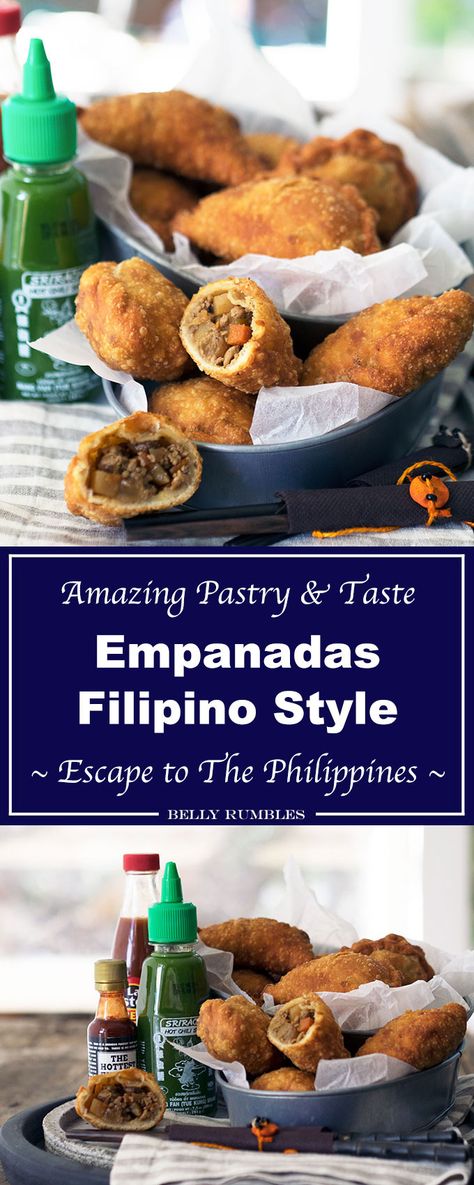 Filipino empanadas, full of flavour with flaky light pastry using a secret ingredient. Perfect Filipino snack food and you can freeze the leftovers for another day. Chicken Empanadas Recipe Filipino, Filipino Empanadas Recipe, Filipino Empanada Recipe, Filipino Party Food Ideas, Filipino Empanada, Caldereta Recipe, Empanada Recipes, Recipes Filipino, Pinoy Recipe