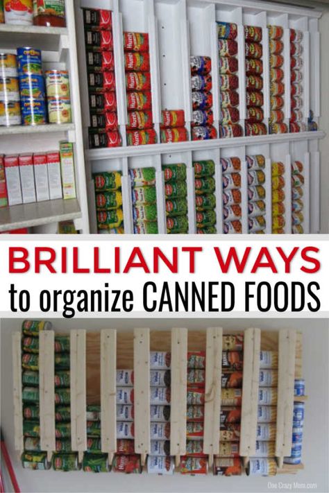 Learn how to organize canned food with these easy canned food storage ideas. Over 15 canned food storage hacks that will get your pantry in order. Organisation, Can Good Storage Ideas, Canned Food Storage Ideas, Food Storage Hacks, Canned Good Storage, Food Storage Ideas, Food Storage Rooms, Food Storage Shelves, Diy Pantry Organization