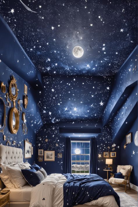 Galaxy Ceiling Bedrooms, Celestial Room Aesthetic Bedroom, Night Sky Ceiling Mural, Painting Ceiling Ideas, Starry Ceiling Bedroom, Star Themed Bedroom, Night Sky Room, Dark Blue Ceiling, Roman Bedroom