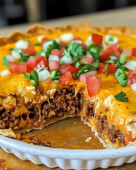 Impossible Taco Pie – Kitchen Lap Impossible Tacos, Impossible Taco Pie, Easy Taco Pie Recipe, Impossible Bacon Pie, Impossible Beef Recipes, Bisquick Taco Bake, Taco Pie Bisquick, Taco Pie With Tortillas, Taco Pie With Crescent Rolls