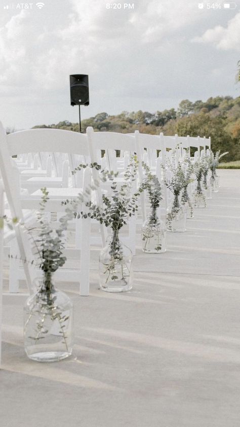 Chapel Aisle Decorations, Ceremony Aisle Decor Outdoor Benches, Wedding Decor Ceremony Outdoor, Isle Pieces For Wedding, Outdoor Wedding Pews Aisle Decorations, Eucalyptus Isle Wedding, Non Floral Wedding Aisle Decor, Ceremony Bench Decor, Glass Jug Aisle Decor