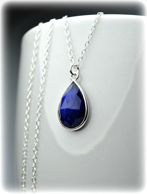 Blue Sapphire Necklace on Sterling Silver Chain | Genuine Sapphire Jewelry  #etsy #jewelry #sapphirenecklace Blue Jewelry Necklace, Silver Chains For Women, Necklaces Sapphire, Sapphire Jewelry Necklace, Necklace Blue Stone, Blue Sapphire Necklace, Prom Jewelry, Sapphire Pendant, Sapphire Necklace