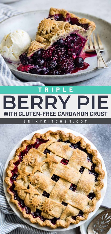 Get ready for this summer berry pie! It's all wrapped up in a gluten-free cardamom crust. Served with vanilla ice cream, this triple berry pie is the perfect 4th of July treat! Save this summer dessert idea! Gluten Free Berry Pie, Gluten Free Tart Recipe, Berry Pie Filling, Berry Pie Recipe, Triple Berry Pie, Mixed Berry Pie, Baking Treats, Millet Flour, Berry Recipes