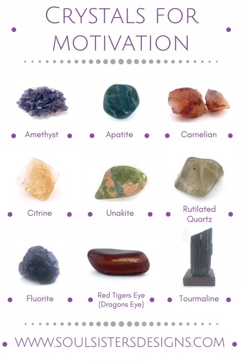 Healing Crystals for motivation by Soul Sisters Designs Reiki Affirmations, Crystals For Motivation, Types Of Rocks, Crystal Care, Crystal Guide, Crystals Healing Properties, Spiritual Crystals, Types Of Crystals, Crystal Therapy