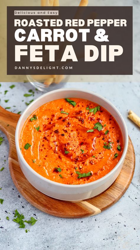 Dip into deliciousness with my Roasted Red Pepper, Carrot, and Feta Dip! 🎈 Creamy, savory, and utterly irresistible, this dip is the perfect addition to any snack spread. Whether you're hosting a party or simply snacking at home, this dip is guaranteed to be a hit with everyone. Made with love and bursting with flavor, it's the ultimate crowd-pleaser that will have your guests coming back for seconds. Get ready to dip, dunk, and devour your way to snack heaven! #DipAddict #Yummy #SnackGoals 🤤 Roasted Red Pepper Carrot And Feta Dip, Roasted Carrot Dip, Roasted Red Pepper And Feta Dip, Carrot Dip Recipes, Whipped Feta With Beets, Roasted Red Pepper Feta Dip, Dip For Carrots, Dip For Vegetables, Vegetarian Dip