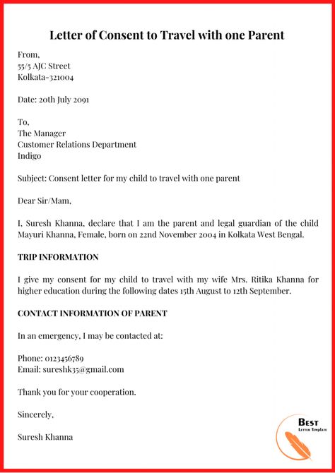 Consent Letter, Parental Consent, Consent Forms, Travel Writing, School Organization, Travel Alone, Word Template, Free Sample, Higher Education