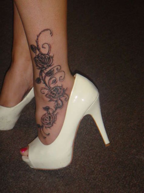 pretty Rose Tattoo On Ankle, Vines Tattoo, Lower Leg Tattoos, Tattoo Ankle, Ankle Tattoo Designs, Foot Tattoos For Women, Vine Tattoos, Leg Tattoos Women