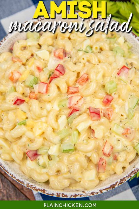 Amish Macaroni Salad Recipe - the perfect side dish for any occasion! This classic salad blends tender macaroni with a creamy, slightly sweet dressing, enhanced by celery, onions, red bell peppers, and sweet pickle relish for a delightful crunch and flavor burst. A must for picnics, potlucks, or a family barbecue. Sweet Pasta Salads, Amish Macaroni Salad, Hot Chicken Salads, Sweet Pickle Relish, Sweet Dressing, Slow Cooker Casserole, Best Macaroni Salad, Creamy Salad Dressing, Classic Salad