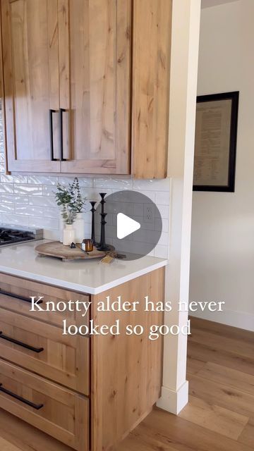 @HilltopHomestead on Instagram: "Don’t lie…you know you got excited when that song came on. Shout out to my moms out there raising kids with good values but can sing every lyric to an Eminem song. 😉 

Back to the cabinets. Aren’t they dreamy? Knotty alder wood stained with Minwax Weathered Oak. 👌

.
.
.
#knottyalder #kitchencabinets #rustickitchen #customkitchen #cabinetry #modernrustic #rusticmodern #modernfarmhouse #farmhouse #farmhousekitchen #frombuildtobuilt #homeswithpurpose #idahome" Stains On Oak Wood, Stained Wood Kitchen Cabinets Farmhouse, 2024 Wood Stain Trends, Kitchen Cabinet Stain Ideas, Adler Cabinets Knotty, Light Stain Cabinets, Stained Cabinets With Wood Floors, Knotty Alder Stains, Natural Alder Kitchen Cabinets