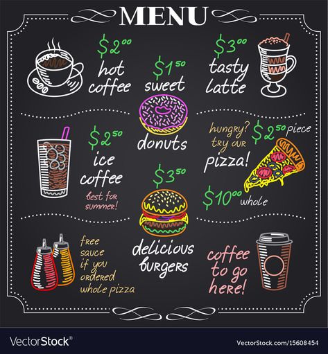 Chalkboard Restaurant, Cafe Chalkboard, Blackboard Menu, Menu Board Design, Coffee Shop Signs, Cafe Menu Design, Chalkboard Vector, Diy Menu, Cafe Sign