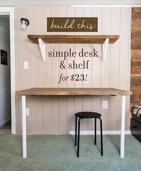 Tutorial for building a simple desk, shelving and brackets on the cheap! Diy Wall Desk, Desk Simple, Simple Desk, Desk Shelf, Wall Desk, Desk Shelves, Built In Desk, Diy Desk, Shelf Brackets