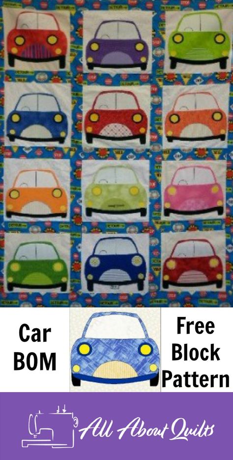 Free car block applique pattern to make your own quilt - a great block for your BOM project Car Quilt Pattern Free, Car Applique Pattern, Car Quilt Block Pattern Free, Car Quilt Pattern, Sewing Machine Quilt Block, Superhero Quilt, Free Quilt Patterns Printables, Car Quilt, Dinosaur Quilt