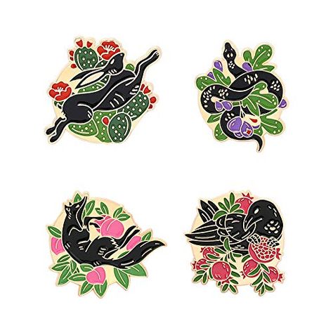 PRICES MAY VARY. This cute animal pin set contains 4 enamel brooches with different animal patterns: Rabbit is shuttling in cactus, snake is crawling in the grass, fox is lying among the peaches, crow is standing among pomegranates. Bright colors and vivid drawings make it a great choice for fashion pairings and decorative accessories. Different colors are available for you to choose, adding charm and elegance to your outlook. Material: high-standard zinc alloy can be used continuously, quality Hand Brooch, Flower Bush, Bush Plant, Enamel Pin Collection, Enamel Lapel Pin, Rabbit Cartoon, Gothic Punk, Enamel Brooch, Halloween Accessories