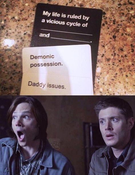 Supernatural vs Cards Against Humanity Demonic Possession, Spn Memes, Baba Jaga, Supernatural Wallpaper, Supernatural Pictures, Supernatural Destiel, Winchester Boys, Supernatural Memes, Supernatural Dean