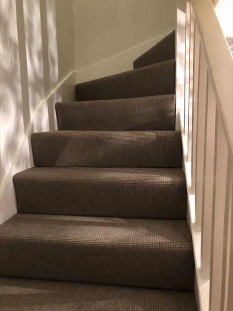 Dark Stair Carpet Installation in Barnes Dark Stairs Carpet, Brown Stair Carpet, Brown Carpet Stairs, Dark Carpet Stairs, Fully Carpeted Stairs, Dark Brown Stairs, Dark Brown Carpet, Communal Area, Stair Renovation