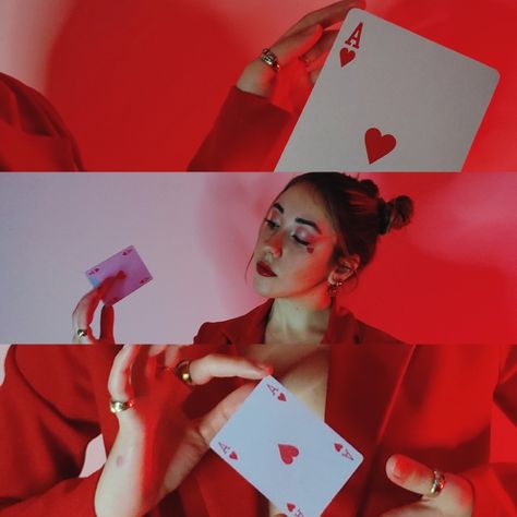 Love Themed Photoshoot, Red Queen Photoshoot, Heart Photoshoot Ideas, Queen Of Hearts Photoshoot Ideas, Props For Photoshoot Ideas, The Queen Of Hearts Aesthetic, Deck Of Cards Photoshoot, Playing Card Photography, Heart Break Photoshoot Ideas