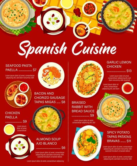 Spanish cuisine vector menu Spain meals price list Danish Cuisine, Chicken Paella, Georgian Cuisine, Malaysian Cuisine, Tapas Restaurant, Appetizer Dishes, Spanish Cuisine, Restaurant Dishes, Food Ads