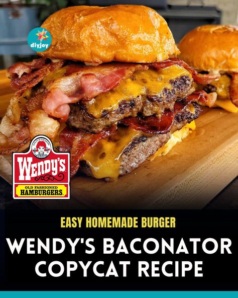 Wendy's Baconator Copycat Recipe | Easy Homemade Burger Recipe | How to Make Baconator At Home | Cheeseburger Ingredients | Famous Fastfood Menu via @diyjoycrafts Burger Copycat Recipes, Wendys Burger Recipe, Copycat 5 Guys Burger, Restaurants Copycat Recipes, Whataburger Copycat Recipes, Hamburger Subs, Burger King Copycat Recipes, Sandwich Types, Wendys Copycat