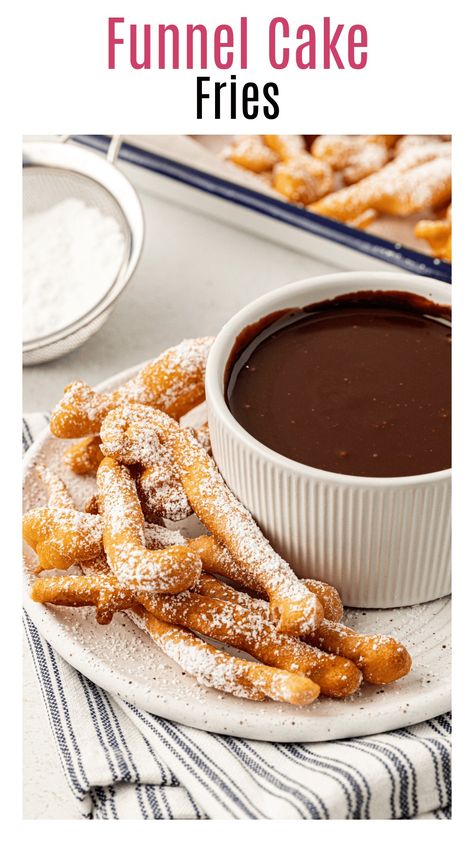 These funnel cake fries are a fun snack to serve in the summer time! Like traditional funnel cakes, but in fun fry form for easy dipping! Funnel Fries, Funnel Cake Fries, Funnel Cake Recipe, Funnel Cakes, Baking Secrets, Homemade Recipes Dessert, Baking 101, Baking Classes, Fudge Sauce