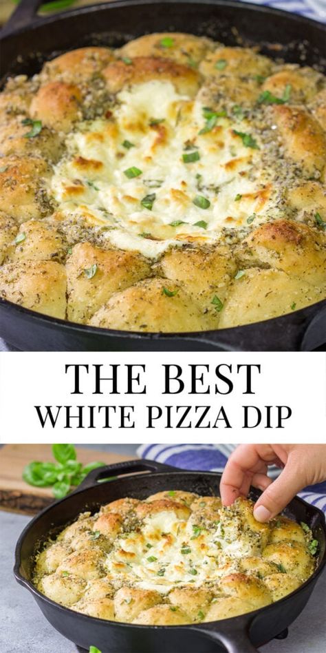 Cast Iron Dips, Jeff Mauro White Hot Pizza Dip, Cheesy Garlic Knot White Pizza Dip, Viral Pizza Dip, Non Dip Appetizers, White Hot Pizza Dip Jeff Mauro, Four Dips With Pizza Dough Balls, White Pizza Dip Lipton, Healthy Pizza Dip