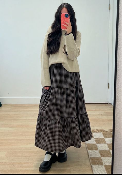 Black Gingham Dress Outfit Fall, Cozy Church Outfit Winter, Gingham Skirt Outfit Winter, Gingham Skirt Outfit Fall, Checkered Dress Outfit Winter, Winter Farmers Market Outfit, Black Gingham Dress Outfit, Doc Martens Skirt, Maxi Skirt And Sweater Outfit