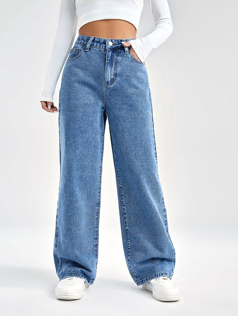 Medium Wash  Collar  Denim Plain Wide Leg Embellished Non-Stretch  Women Denim Shein Outfits, Lily James, Jeans Casual, Lovely Clothes, Floral Pants, Loungewear Set, Women Denim Jeans, Jeans Boyfriend, Boyfriend Fit