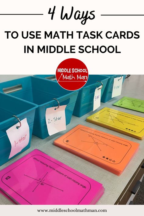 Try these 4 creative teaching ideas for middle school math task cards. These math problems make learing more fun and engaging than a traditional middle school math worksheet. Whether you teach 5th grade, 6th grade, 7th grade, or 8th grade math, these task card ideas are a perfect fit for the classroom. Middle School Math Intervention Classroom, Middle School Management Ideas, Teacher Math Ideas, 8th Grade Math Projects Middle School, Sixth Grade Math Classroom, First Day Math Activities Middle School, Middle School Math Organization, Middle School Math Classroom Decorating Ideas, 6th Grade Math Classroom Decorations