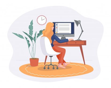 Freelance woman work from home comfortab... | Premium Vector #Freepik #vector #woman #home #laptop #work Working From Home Illustration, Work From Home Illustration, Woman House, Computer Table Design, Cut Paper Illustration, Self Employed, Working Online, Conceptual Illustration, Graphic Wallpaper