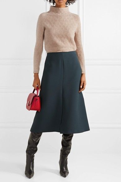 MAX MARA Long Sleeve Midi Skirt, Fall Sweater Skirt, Tall Boots Skirt Outfit, Warm Autumn Outfits, Jupe Outfit, Office Sweater Outfit, Elegant Office Outfit, Office Outfits For Ladies, Happy Hour Outfit