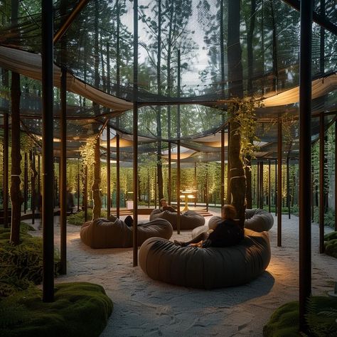 Nature Lounge Design, Forest Pavilion Architecture, Relaxing Architecture, Zen Lounge, High Key Portrait, Outdoor Gathering Space, Pavilion Architecture, Timber Frame Construction, Resort Design