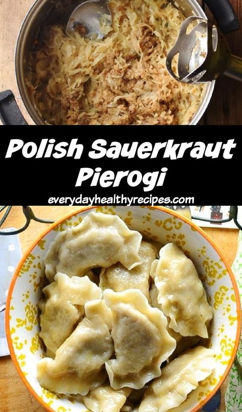 Sauerkraut mixture in pot and pierogi in yellow bowl. Kapusta Recipe Polish, Sauerkraut Pierogi Recipe, Easy Polish Recipes, Kapusta Recipe, Polish Food Traditional, Polish Sauerkraut, Pierogies Homemade, Perogies Recipe, German Food Authentic