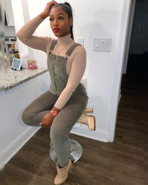 Caitlyn K. Davis 👑 🌐 on Instagram: “A whole vibe ✨#ILoveNeutralcolors Outfit + Booties: @fashionnova Fashion Nova Partner . Take Me Back Corduroy Overalls - Olive Just Drop…” Black Women Fall Outfits Street Styles, Thanksgiving Outfit Black Women, Jumper Fall Outfit, Fall Outfits Black Women, Twisted Hair, Fashion Nova Outfits, Looks Black, Outfits Fall